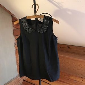 Ann Taylor Loft Black Beaded Collar Sleeveless Blouse, EUC, S